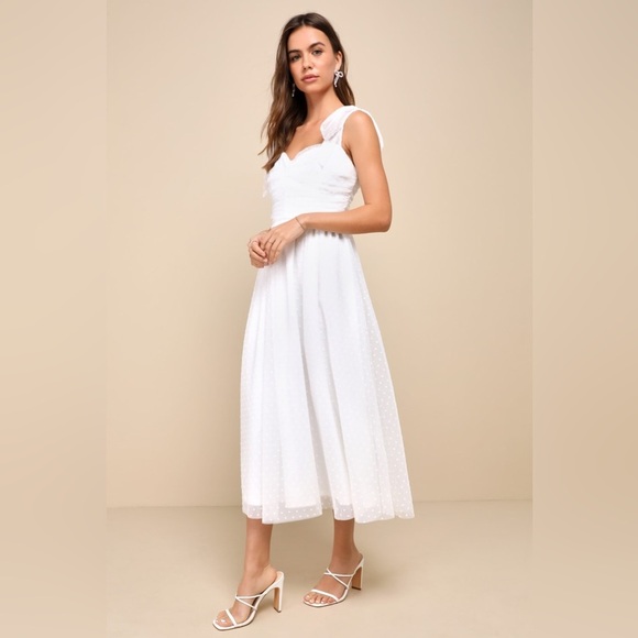 NWOT Lulus Luxe and Lovestruck White Tulle Heart Dot Tie-Strap‎ Midi Dress - Picture 4 of 9